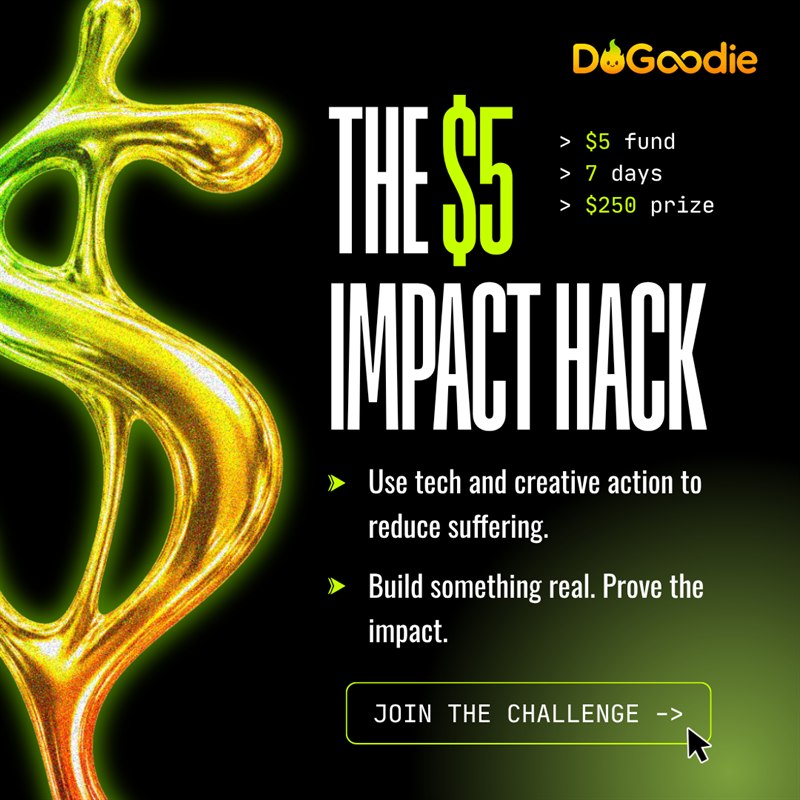 The $5 Impact Hack campaign artwork showing the $5 fund, seven-day challenge, and $250 prize